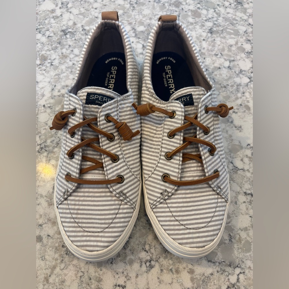 Sperry Light Gray & White Striped Canvas Boat Shoes with Tan Laces